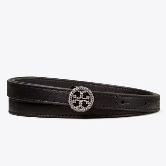 Tory Burch Skinny Embellished Logo Belt Black Rhinestones Crystals Leath⦠- Picture 4 of 13